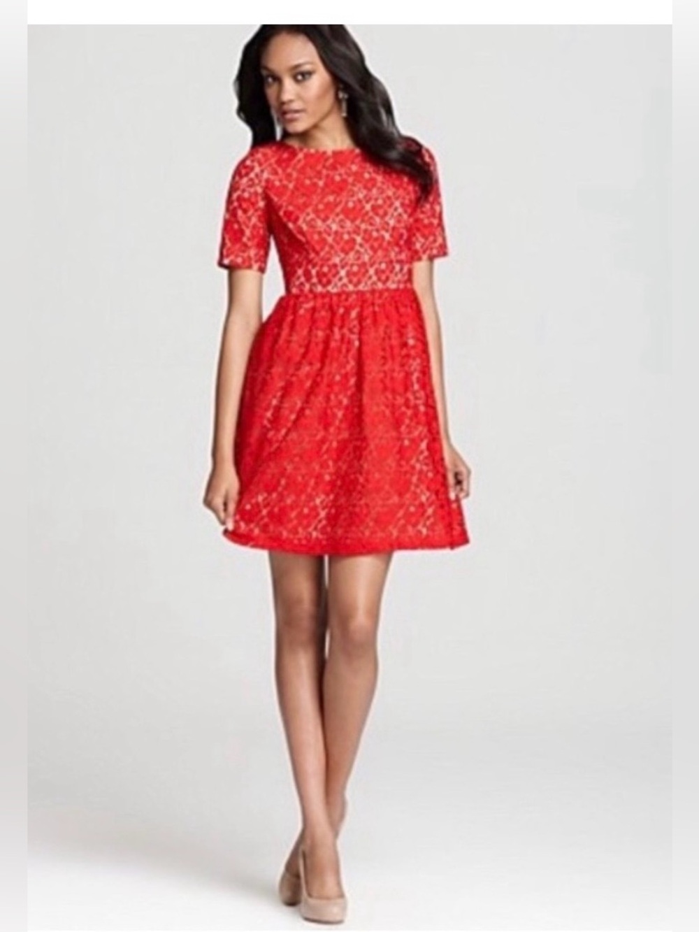 Adrianna Papell Cotton Lace Short Sleeve Fit & Flare Floral Dress